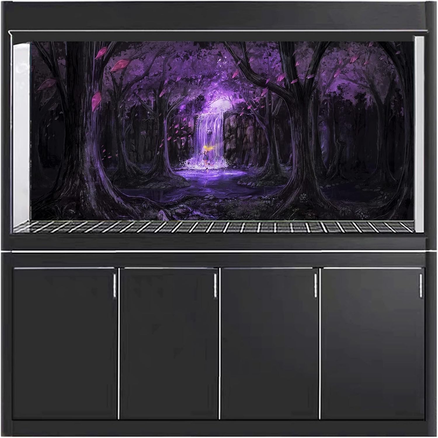 Aquarium Background Sticker, Purple Forest Waterfall Fish Tank Background Poster Thicken PVC Adhesive Static Cling Backdrop Decorative Paper,152x61cm