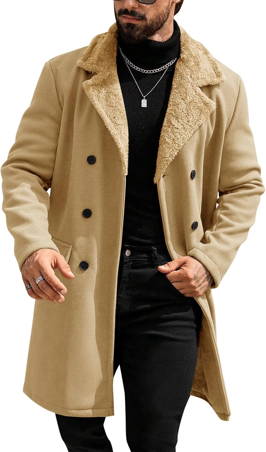 Runcati Mens Trench Coat Double Breasted Notched Collar Fleece Jacket Slim Fit Fall Winter Fuzzy Pea Coats Warm Overcoat