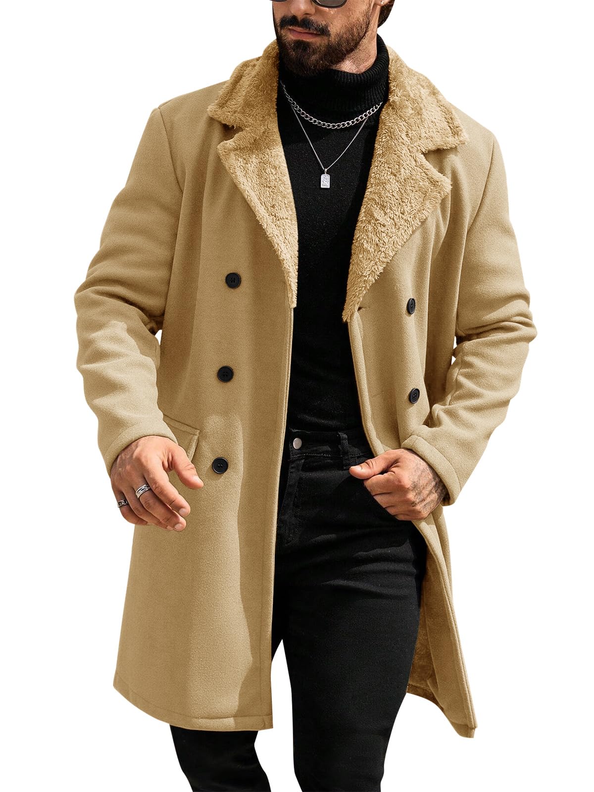 Runcati Mens Trench Coat Fleece Jacket Fall Winter Fuzzy Pea Coats Overcoat