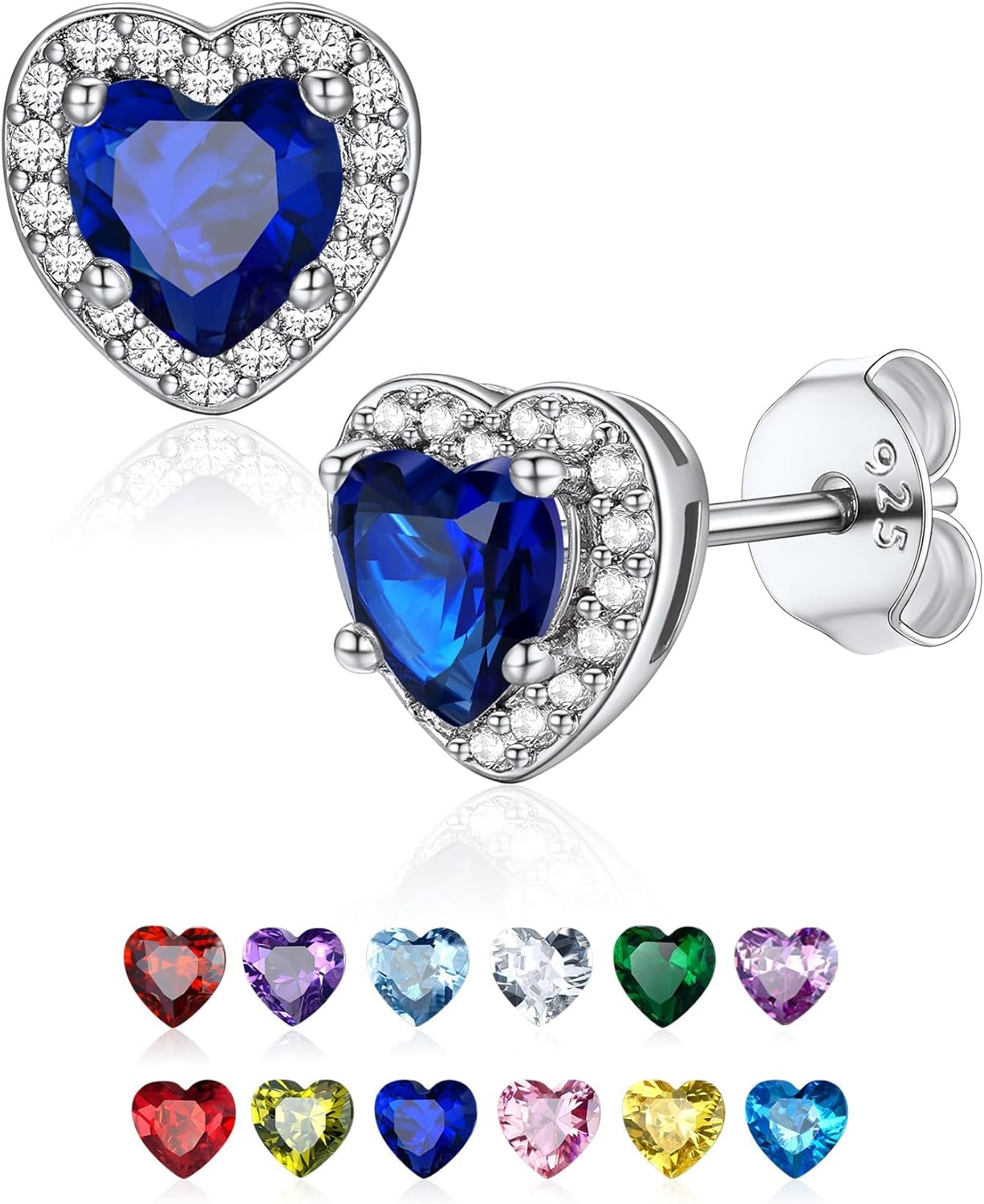 Dainty Sterling Silver Birthstone Stud Earrings, Heart Crystal Stud Earring, Jan - Dec Birthday Gift for women/Come with Box