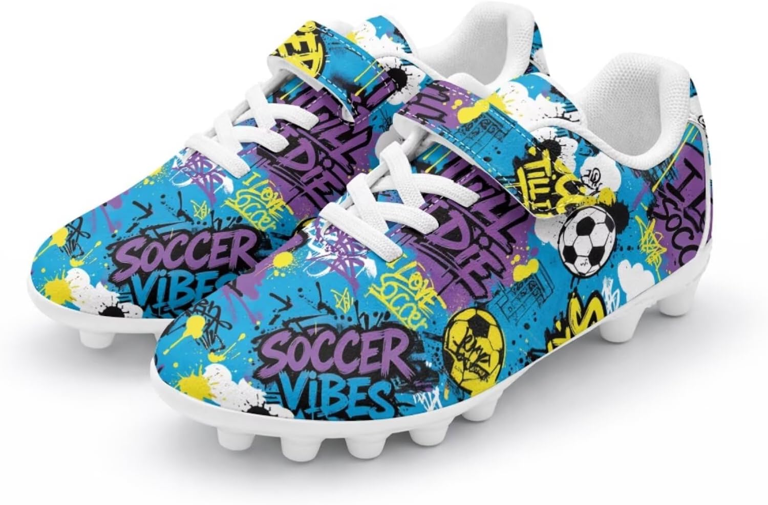 Graffiti Pattern Boys Soccer Cleats Youth Football Cleats Firm Ground Football Shoes for Outdoor Indoor Turf Size 2.5