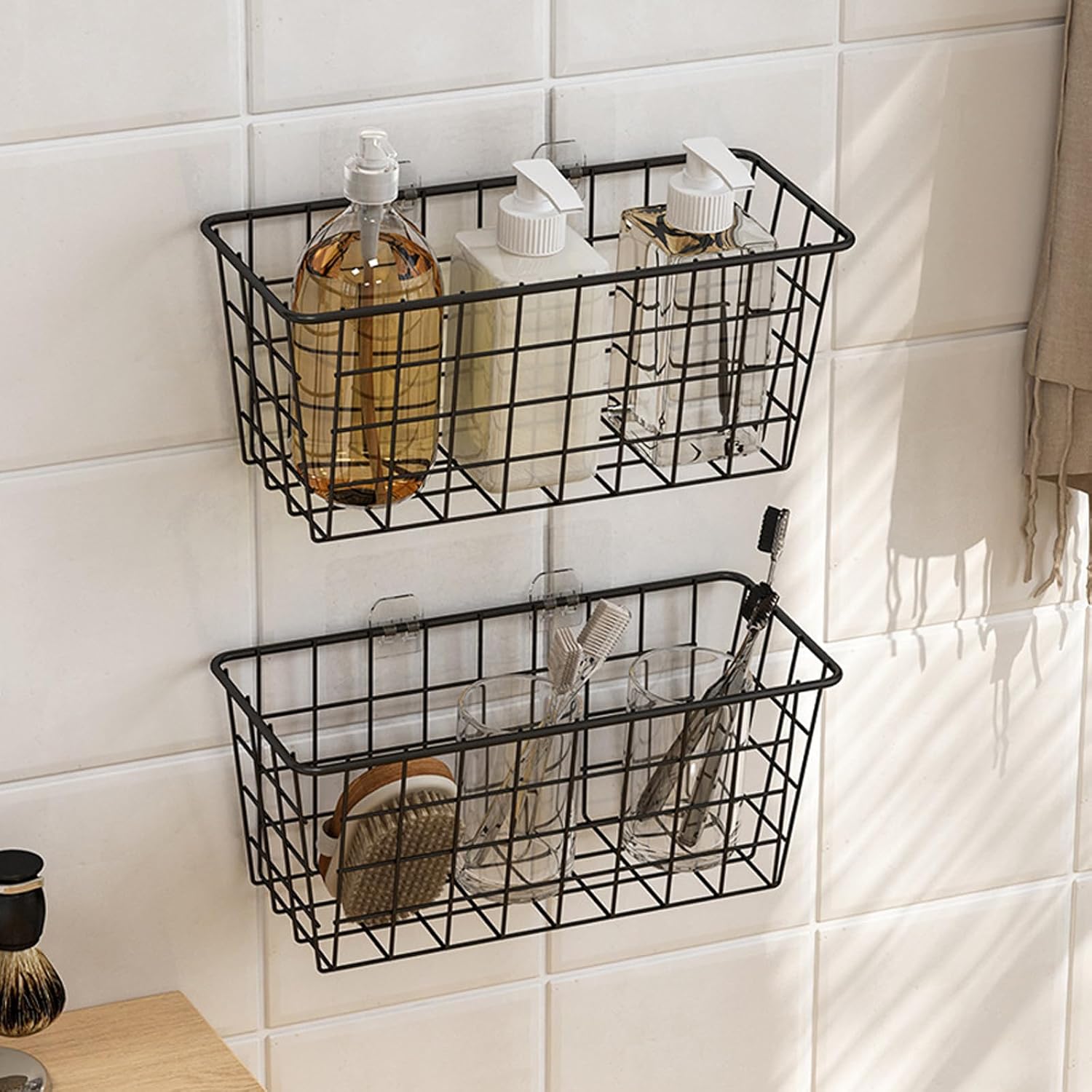 Hanging Kitchen Baskets For Storage Adhesive Small Wire Storage Baskets No Drilling Wall Mounted Shelf with Kitchen Food Pantry Bathroom Shelf Storage, 2 PACK, Black - Image 4