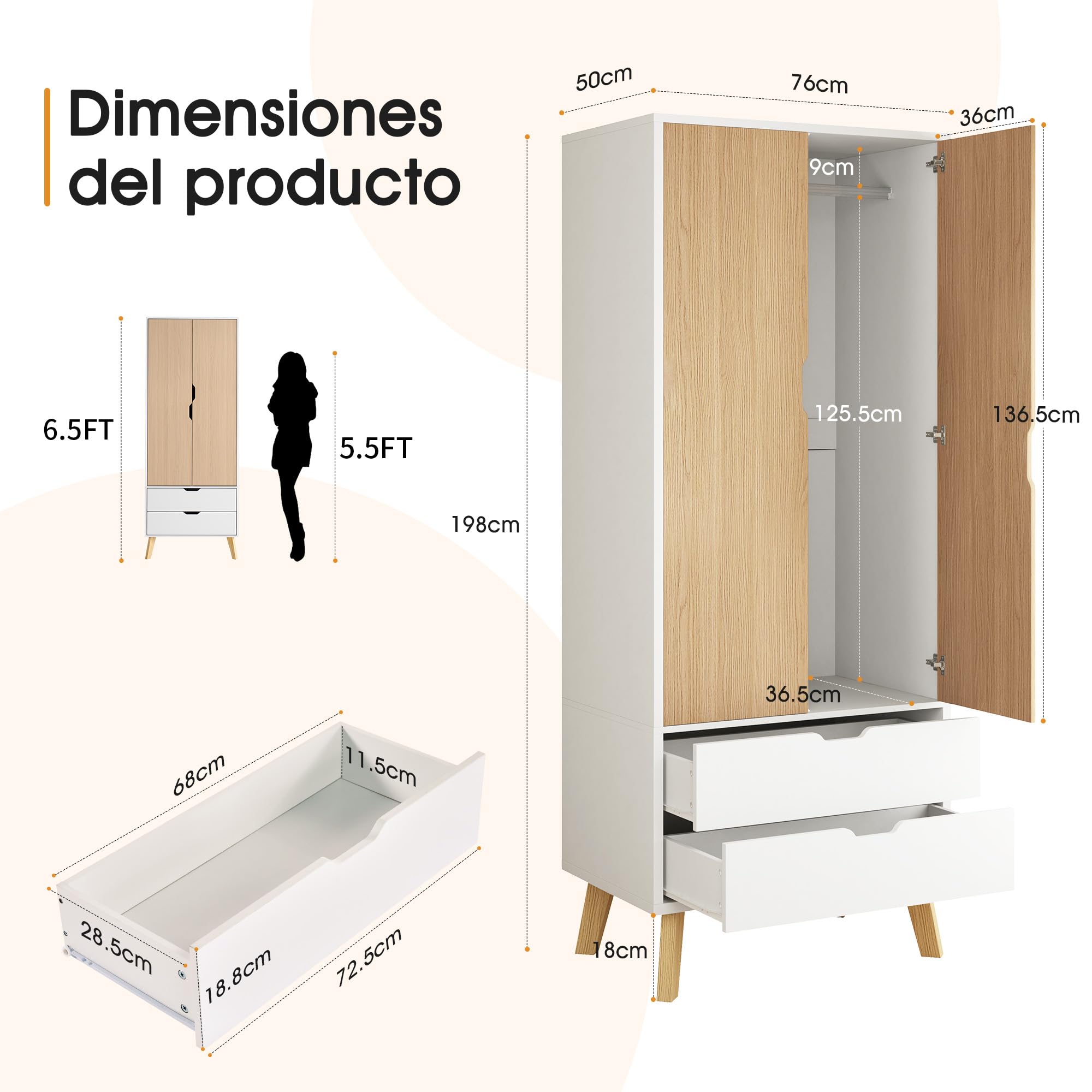 LUXOAK Armario Ropero para Dormitorio con 2 Puertas y 2 Cajones, Blanco y Efecto Madera, con Barra para Colgar, 198 x 76 x 50 cm