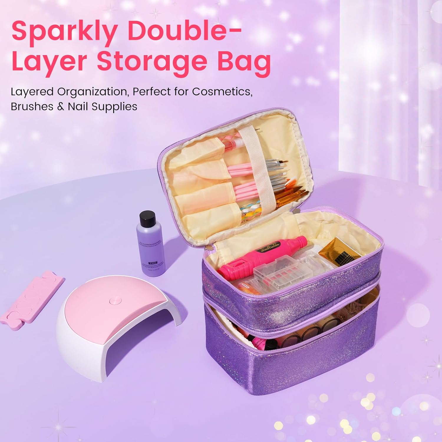 Acrylic Nail Kit for Beginners with Everything: 12 Colors Professional Acrylic Powder Starter Set with Drill UV Light Glitter & Rhinestones in Cosmetic Bag, Ideal Gift for Women Home & Salon (Purple)