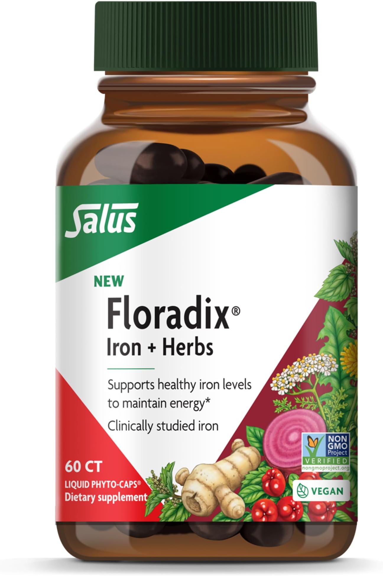 Iron + Herbs - Iron Supplement for Healthy Energy Support* - Supports Red Blood Cell Formation - Vegan, Non-GMO, Gluten-Free, Soy-Free - 60 Liquid Phyto-Caps
