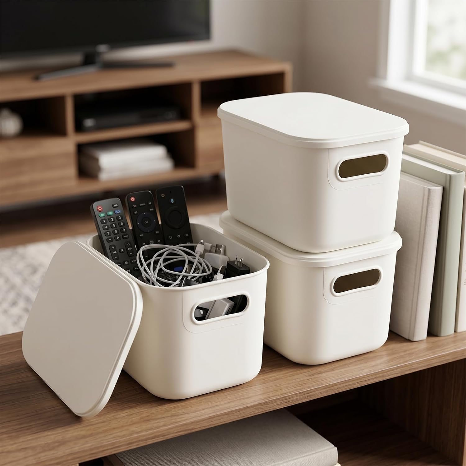 8 Pcs 10 x 7 x 6 Inch White Storage Bins with Lids, Stackable Plastic White Storage Containers with Handles, Plastic Organizer Bin for Cabinet, Shelves, Drawers, Office Desktop