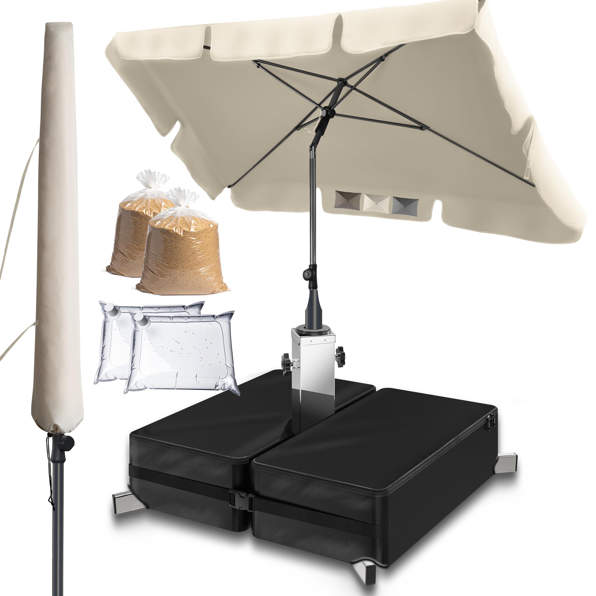 Menz 3-IN-1 Sonnenschutz Balkon Set - Sonnenschirm rechteckig 200 x 125 cm + Sonnenschirmständer + Schirmhülle - Sonnenschirm Balkon mit Ständer, Balkonschirm