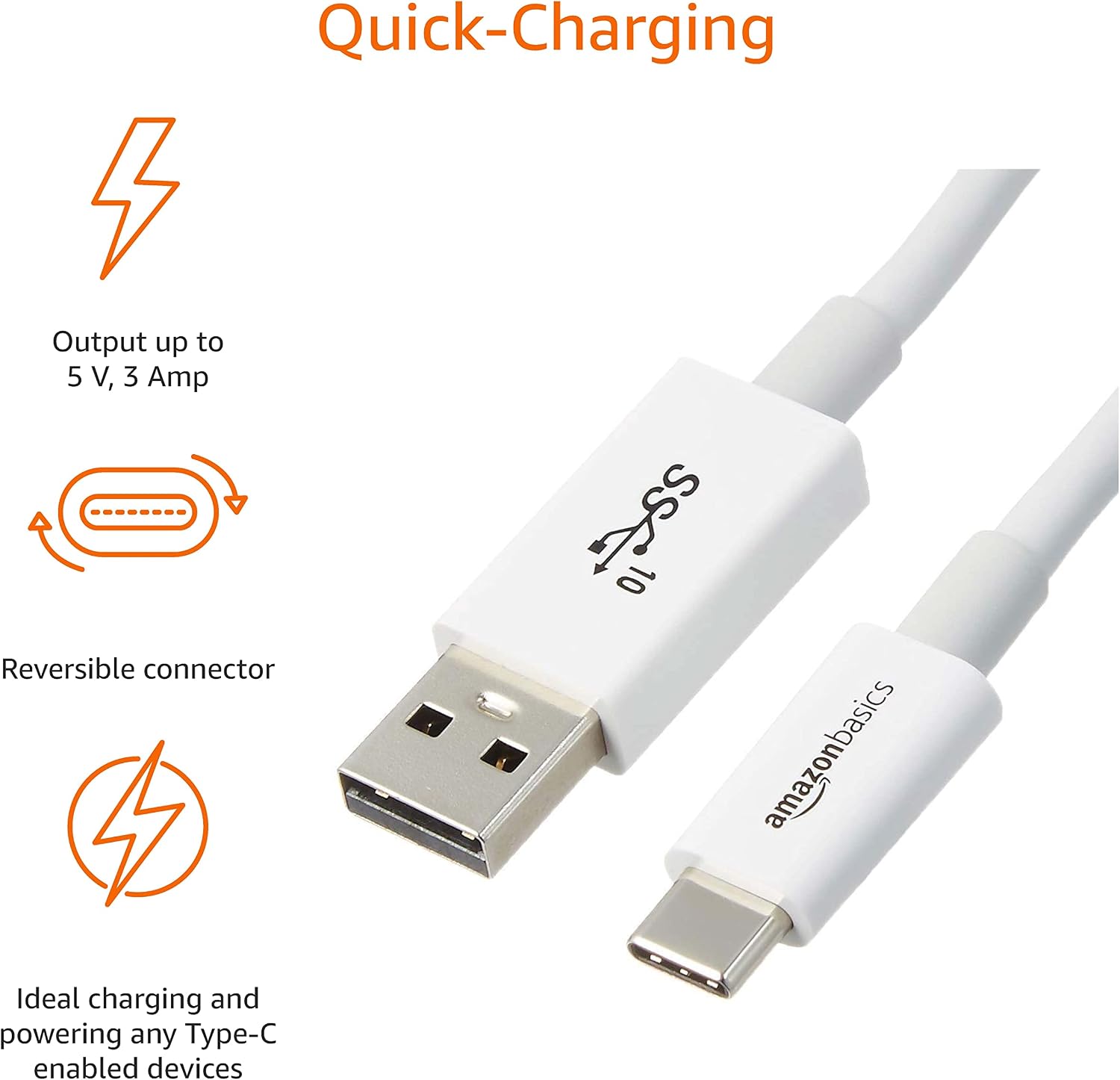 Amazon Basics USB-C to USB-A 3.1 Gen 2 Adapter Fast Charging Cable, 10Gbps High-Speed, 3 Foot, White