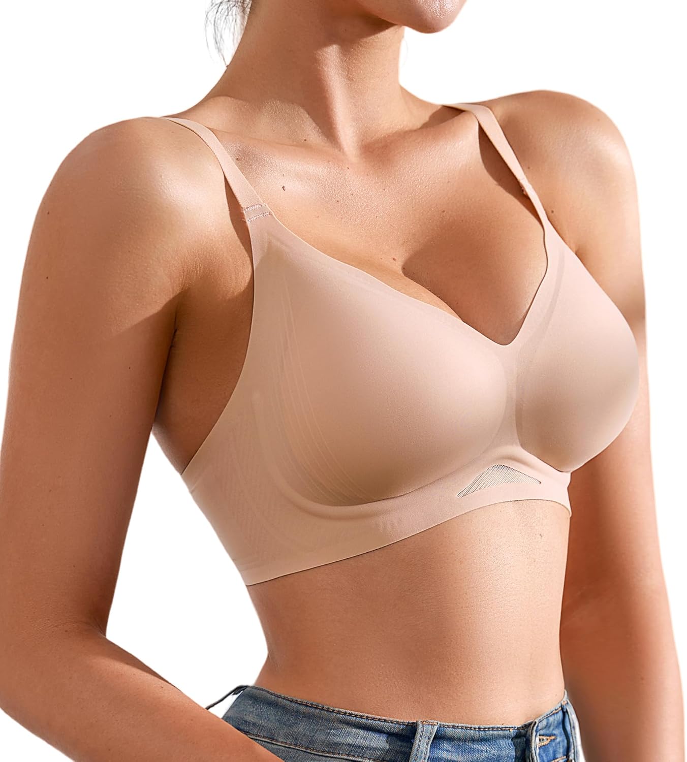 DEANGELMON Scalloped V Neck Wireless Bras for Women Seamless No Underwire Full Coverage Push Up Bras Soft Comfort Bralettes - Image 2