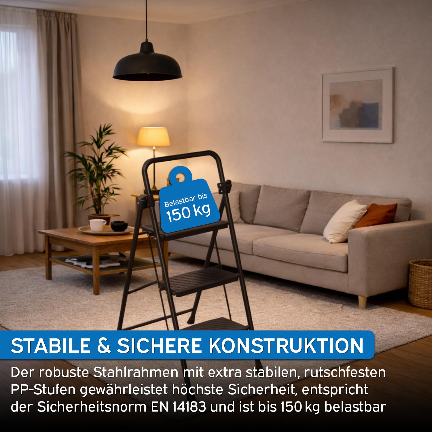 kör4u Trittleiter 3 Stufen - 150 kg belastbar - Standhöhe ca. 75 cm, klappbar, rutschfeste Stufen, Stahlrahmen, Haushaltsleiter, schwarz