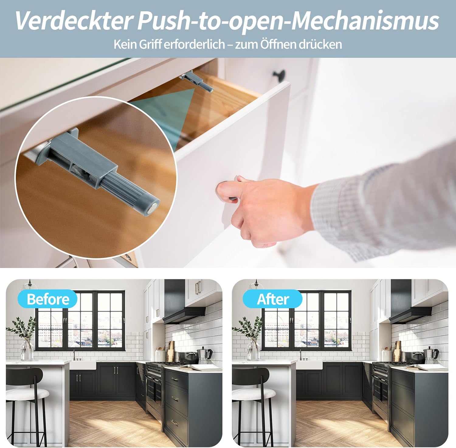Push to Open Door Opener, Pack of 6 Stainless Steel Pressure Opener Cupboard, Cabinet Door Damper with Screws, Magnetic Catch Pressure Door Opener for Cupboards, Shoe Cabinets and Wine Cabinets