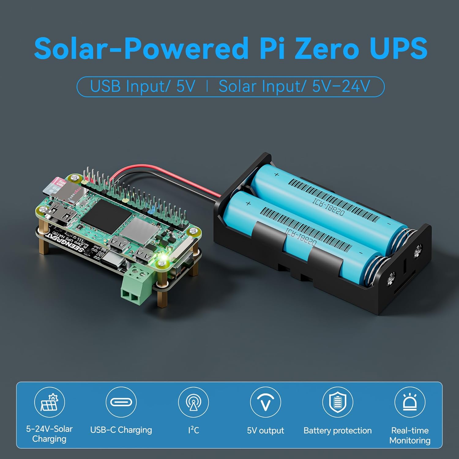 UPS HAT for Raspberry Pi Zero,5V Solar Power Supply (5V-24V Input), I2C Battery MonitorLED Indicators, Low-Power UPS Expansion Board