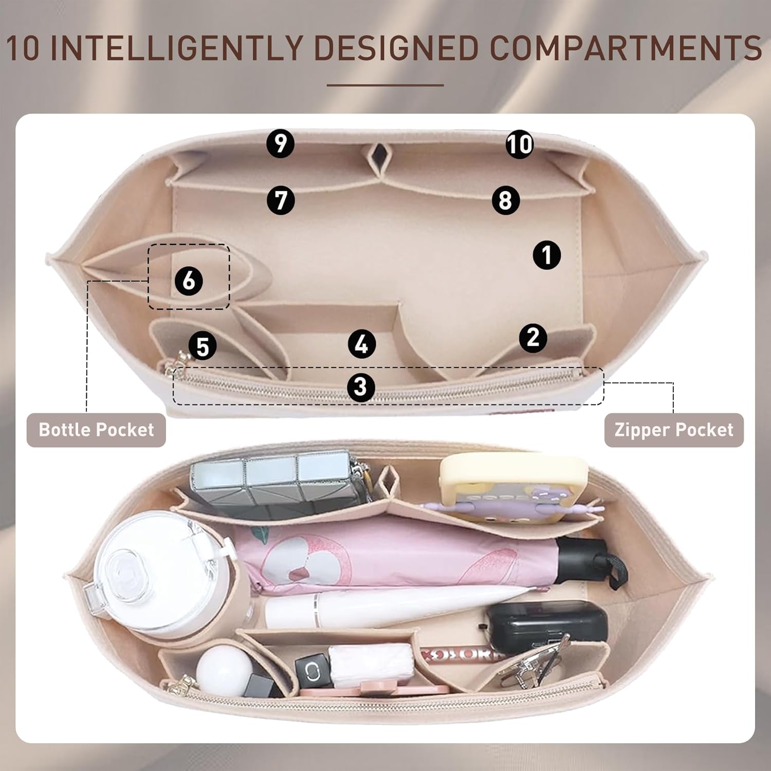Doxo Purse Organizer Insert for Handbags & Base Shaper 2pc Set, Felt Organizer Insert Large Tote, Bag Organizer with Zipper 5 Sizes, Fit Speedy 30 Neverfull MM and More(Beige-L-Combination) - Image 4
