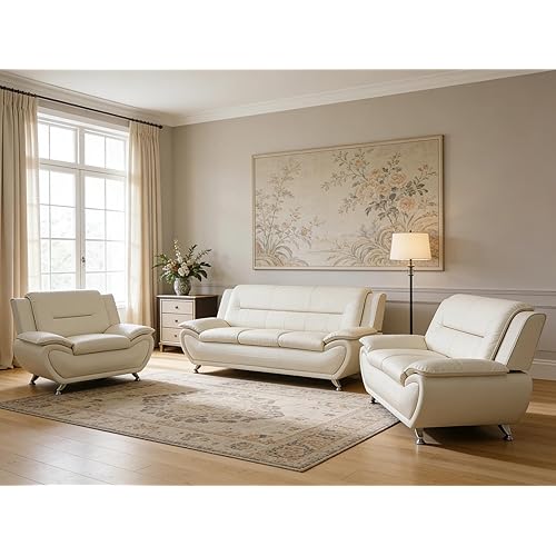 3-Piece Living Room Furniture, Modern White Faux Leather Sofa Set with Sturdy Metal Legs, (3-Seat Sofa + Loveseat + Armchair), Easy Assembly
