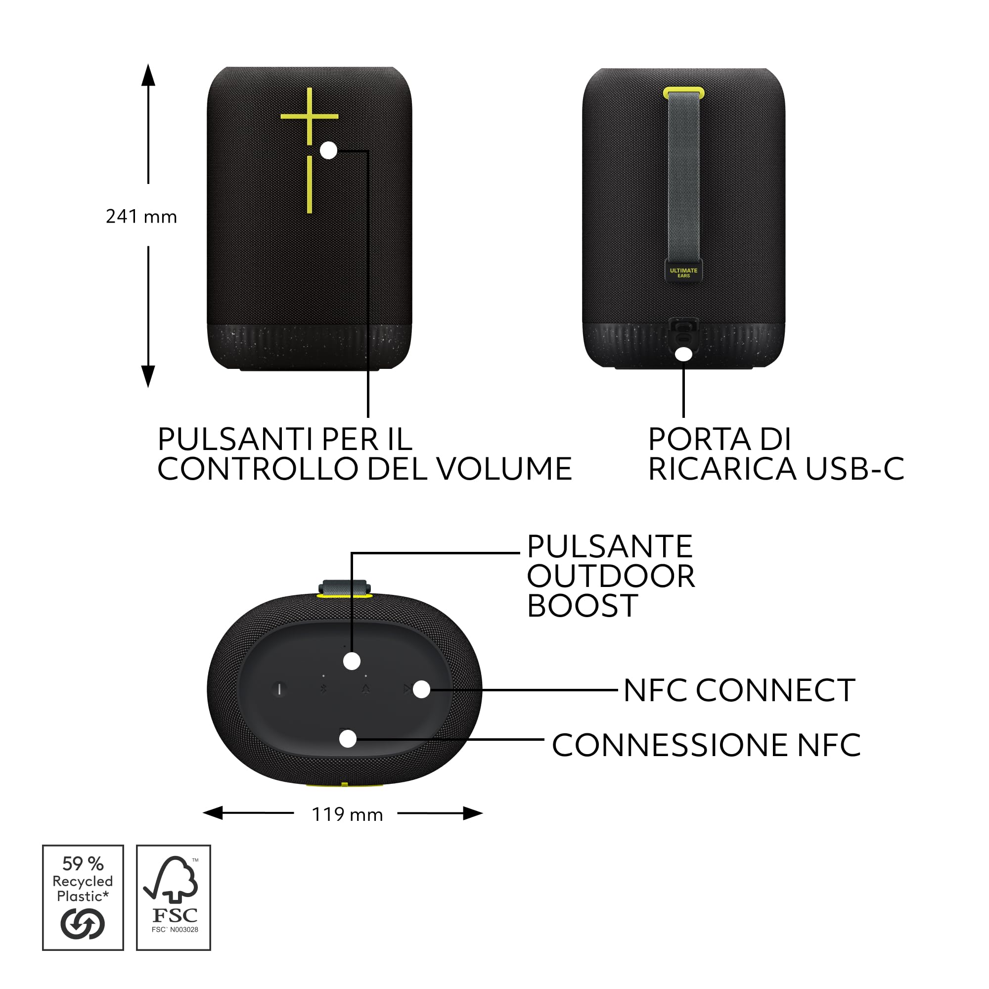 Ultimate Ears EPICBOOM, altoparlante bluetooth wireless portatile, bassi ottimali,audio a 360 gradi, EQ adattivo,IP67 impermeabile, galleggiante, batteria di 17 ore,raggio d’azione di 55 m - Nero