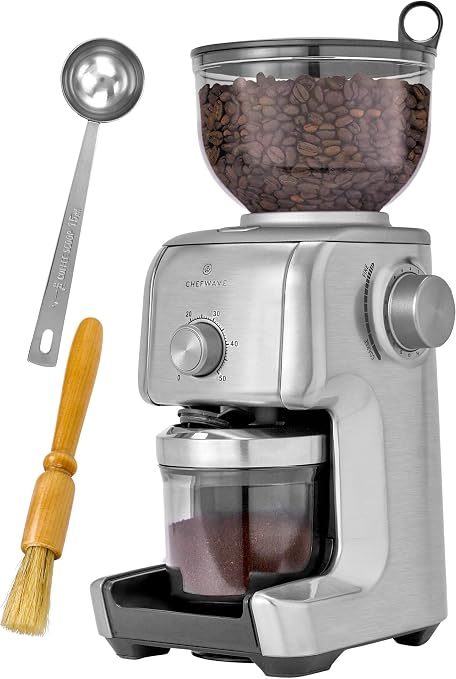 Amazon.com: ChefWave - Molinillo de café cónico, 16 ajustes de molienda  eléctrica de grano de café, carcasa de aluminio fundido, cuchara, cepillo  de limpieza, grueso para prensa francesa, fino para expreso, 2