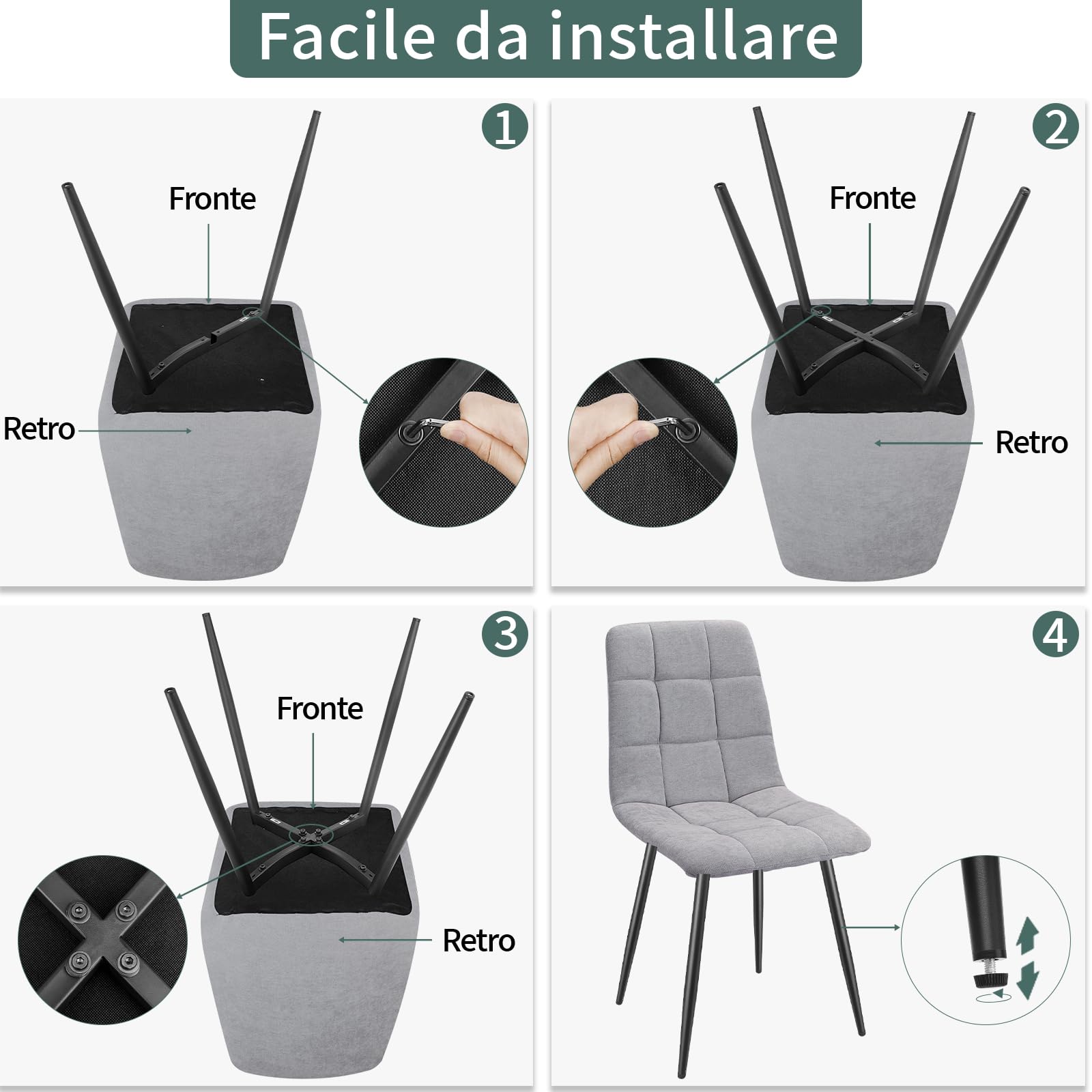 JIJIAN Set 6 Sedie da Pranzo, Sedie da Cucina in Lino, Grigio | Gambe in Metallo, Stile Moderno, Portata Fino a 120 kg, Sedie Imbottite per Sala da Pranzo, Soggiorno e Cucina