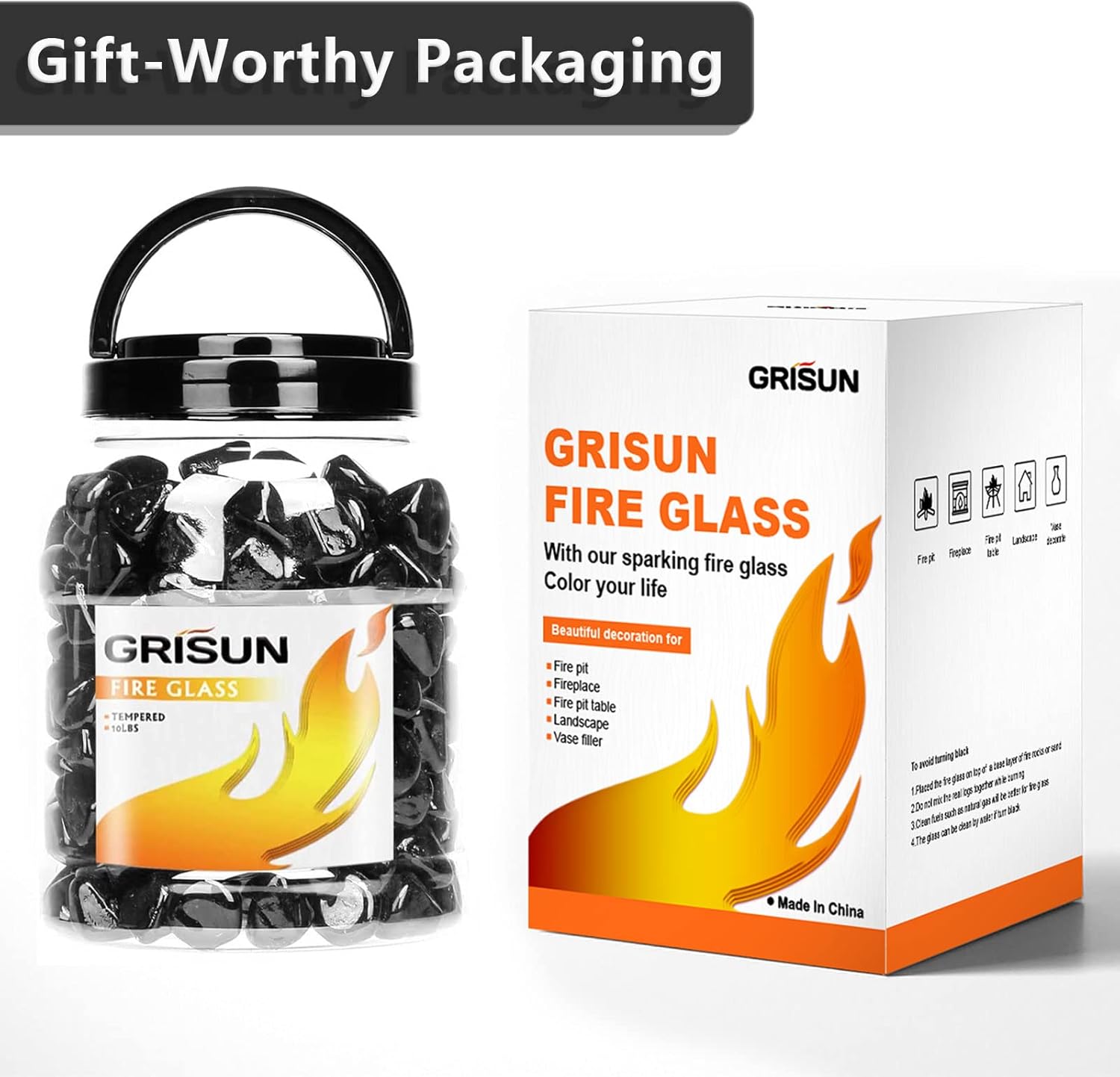 GRISUN Fire Pit Burner Ring Kit 12 Inch and Onyx Black Fire Glass Diamonds for Fire Pit 1 Inch High Luster