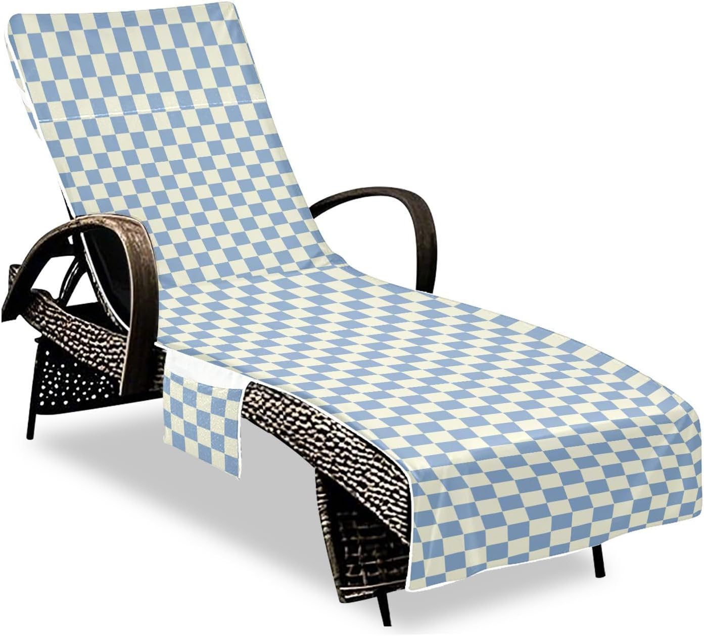 Blue Beige Checker Plaid Decorative Patio Lounge Chair Cover Waterproof Outdoor Lounge Chair Cover with Pockets for Pool Beach Sunbathing, covers para 85" X 30"