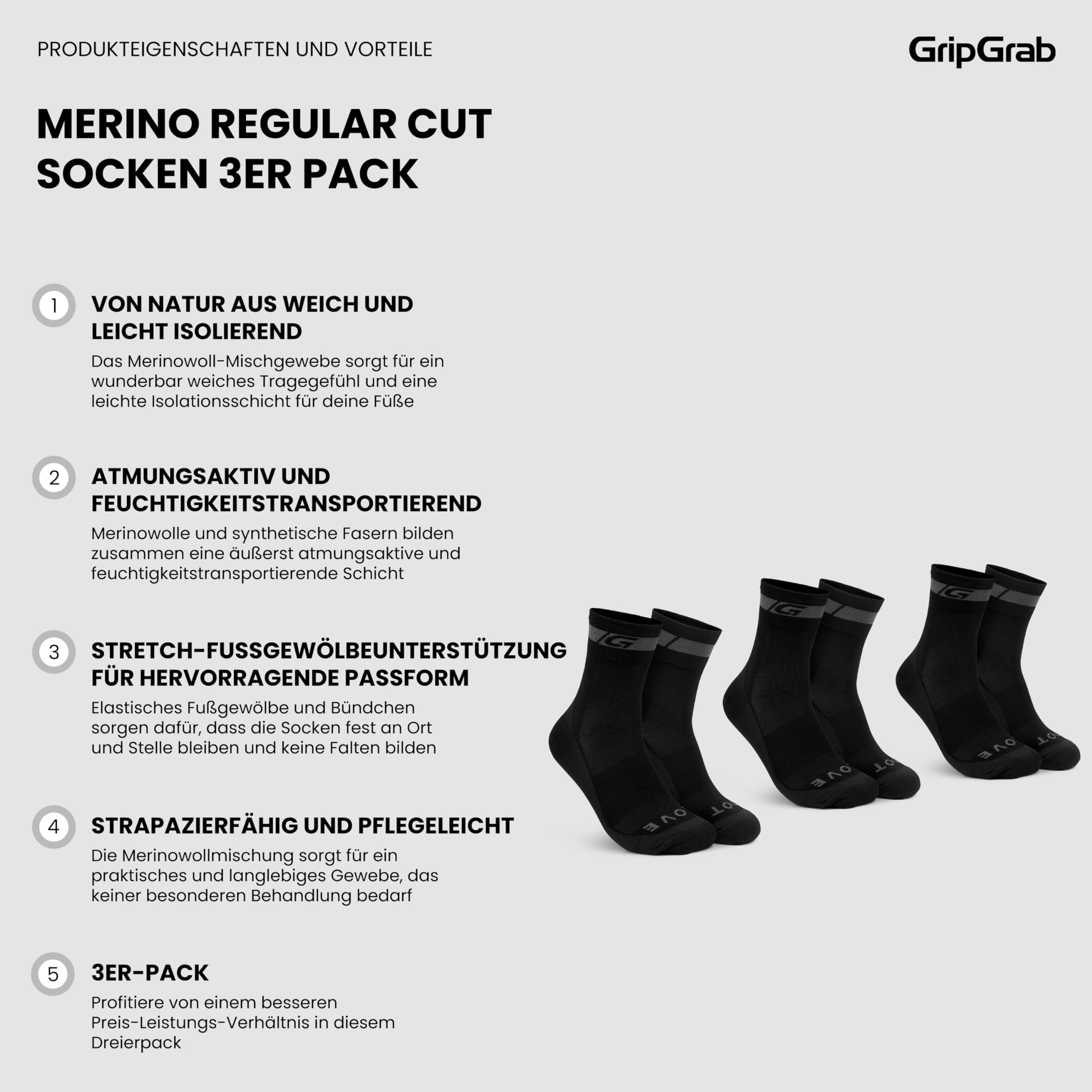 GripGrab Merino Fahrradsocken Regular Cut - 1er & 3er Pack Radsocken | 50% Merinowolle & Kunstfaser-Mix - temperaturregulierend, Feuchtigkeitsmanagement, Mesh-Zonen, ganzjährig einsetzbar