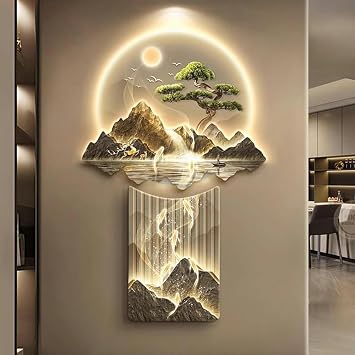 XENITE 3D Wall Art Decor with LED Light, Large Metal Wall Art Sculpture Modern Home Decor Artwork Hanging Paintings Decoration Lamp, Chinese Wall Hanging Paintings for Home Entrance Hallway Bedroom/1