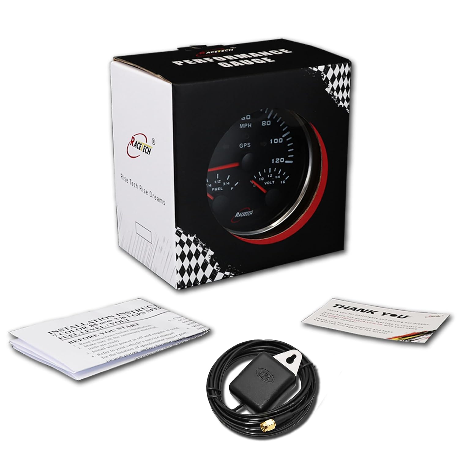 RACETECH 85mm 3-3/8" 3in1 GPS Speedometer - Fuel Level & Volt Gauge - 120 MPH Multi-Ohm Value 8-16V - Black Dial Stainless Steel Rim 12V - for Automotive Marine