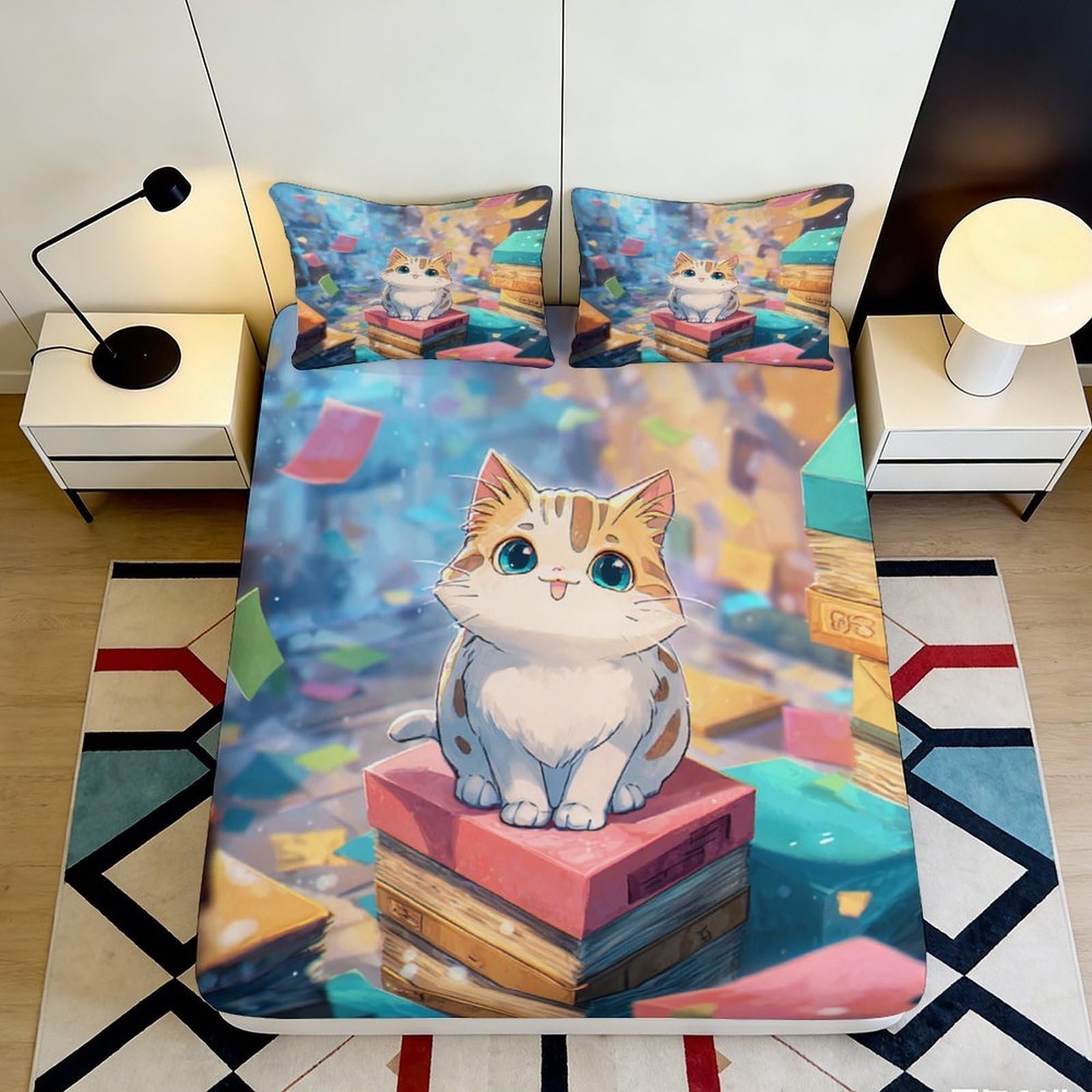 3D Printed colourful cat Fitted Sheet, soft touch Microfiber, anti-slip, easy care, bedroom and guest room bedding decor, wrinkle resistant, 118x118cm 90x200x25cm
