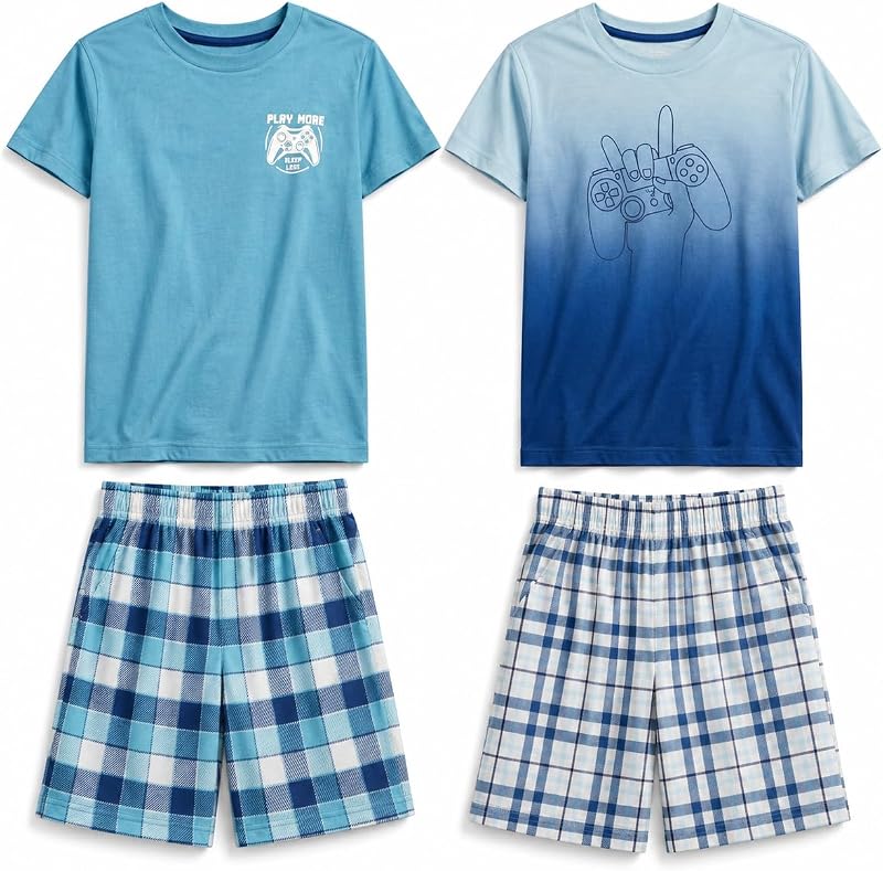 US Angels Pajamas Set for Boys, 4-Piece Set, Short Sleeve Shirt with Pajama Shorts