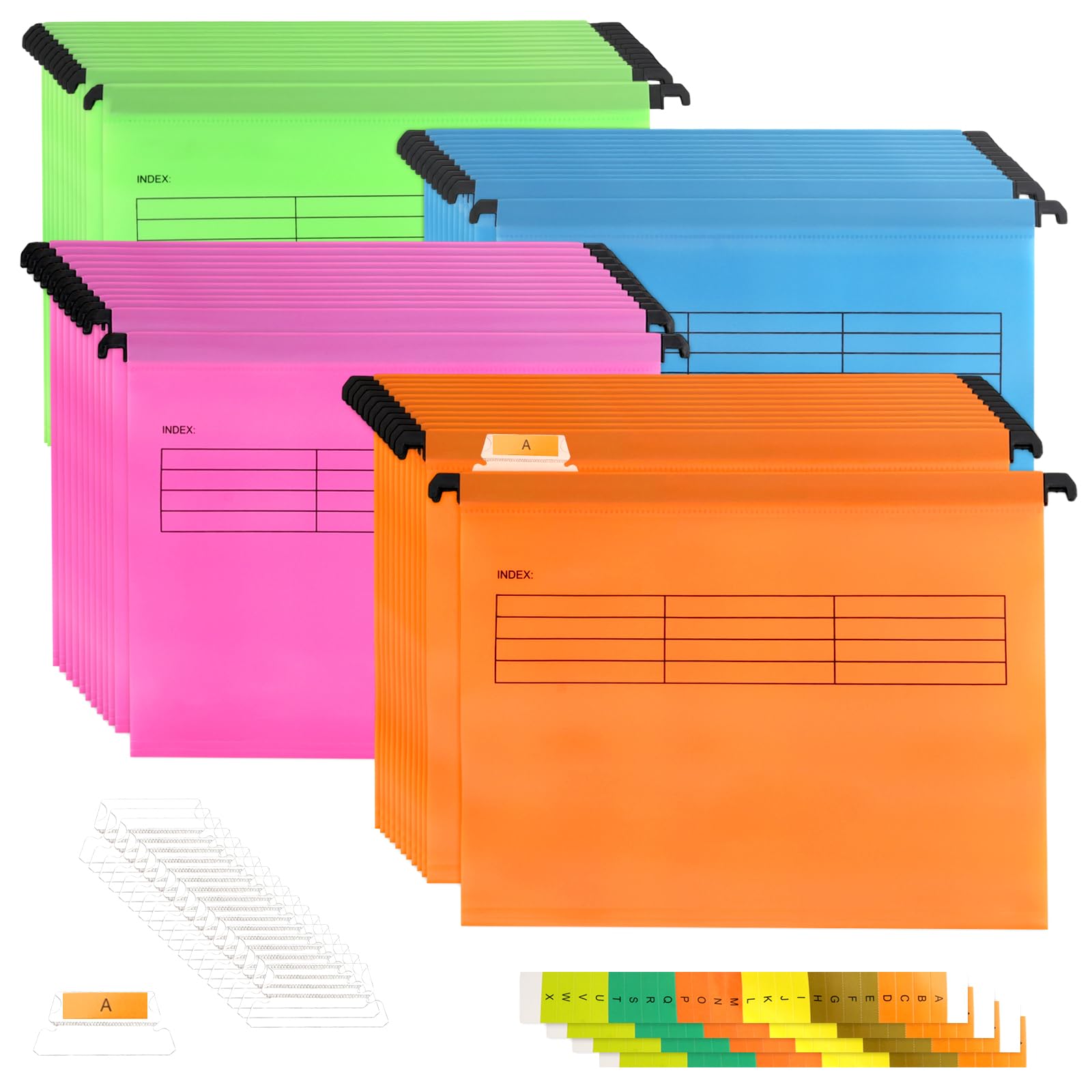 MAKTSAM 48 PCS A4 Suspension Files with Tabs and Card Inserts, Filing Cabinet Suspension Files, Polypropylene Hanging File Folders for Office Home Organization (Mixed Colors)
