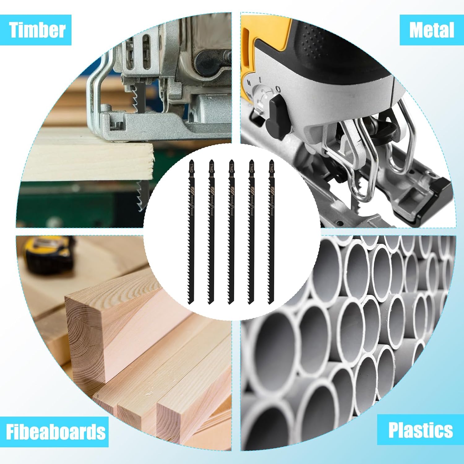 T-Shank Jigsaw Blades for Wood Contractor Assorted 7Inch Jig Saw Blades Set 5Pcs T744D T Shank Jig Saw Blades for Quick Cutting Wood, Hardwood, Plywood, Plastic, Metal, Black