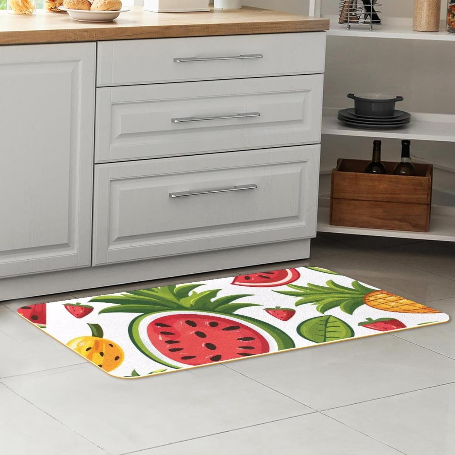 Kitchen Rugs Anti Fatigue, Fruit Watermelon Strawberry Pineapples Non Skid Cushioned Kitchen Mats and Rugs, Comfort Standing Mat Pads, 2 PCS Kitchen Runner Rug, Washable, Absorbent