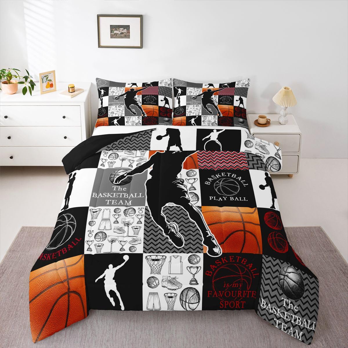 Feelyou Basketball Comforter Set Toddler Size Sports Geometric Black Patchwork Bedding Set for Kids Boys Girls Gaming Sports Duvet Quilt Bedroom Decor Microfiber 2 Pcs with 1 Pillow Cases