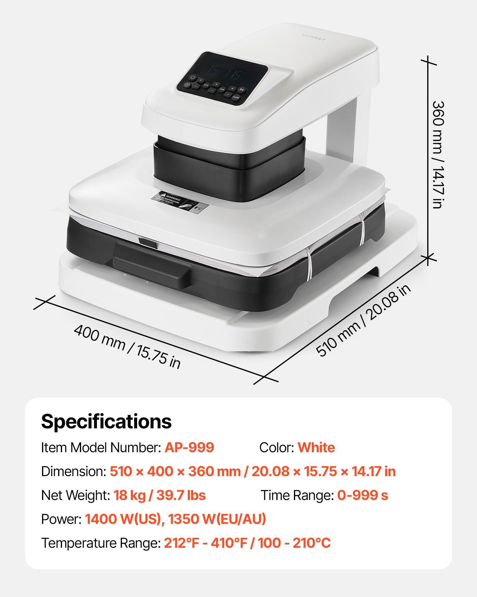 VEVOR automatische Hitzepresse (38 x 38 cm) T-Shirt-Presse mit automatischer Freigabe & einstellbarem Druck, Digitalanzeige, Transferpresse für Sublimation Vinyl Wärmeübertragungsprojekte, Weiß