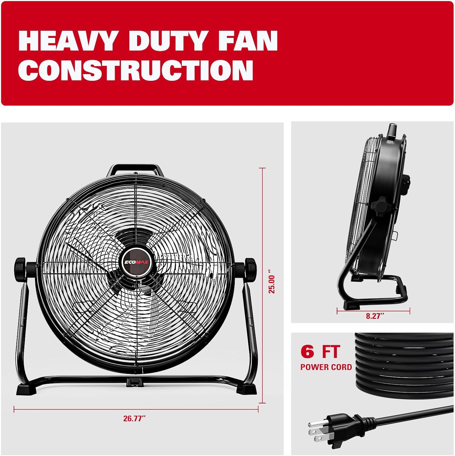 ECOMAX 20" High Velocity Industrial Drum Fan, 3-Speed Heavy Duty Metal Floor Fan, 2300 CFM Commercial Air Circulator with 270° Tilt, Aluminum Blades, ETL Listed, for Garage Shop Warehouse Workshop