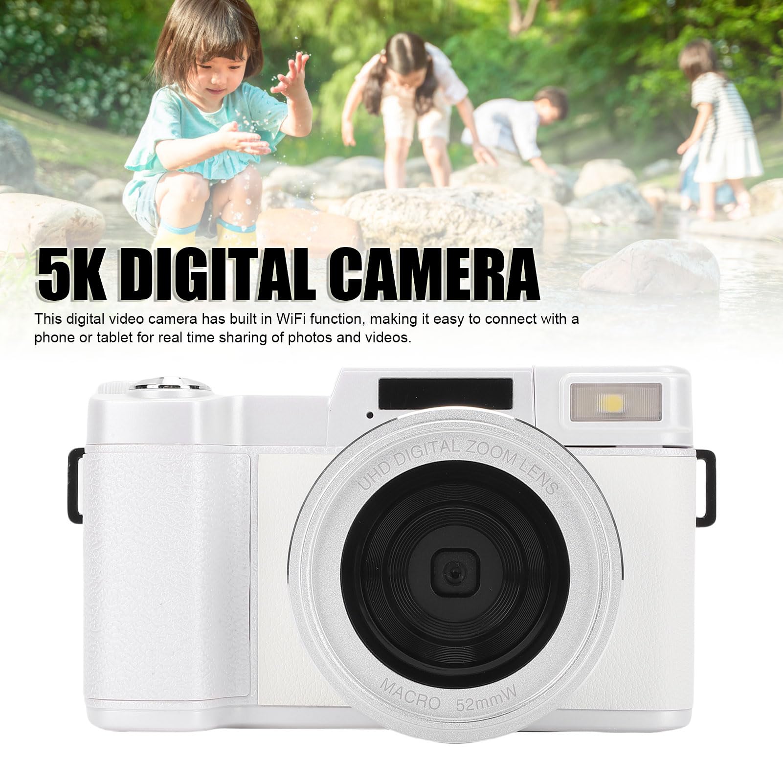 Fydun Cámara Digital 5K 64MP 18X con Zoom Cámara de Belleza con Pantalla Abatible de 3 Pulgadas con Luz de Relleno LED (White)
