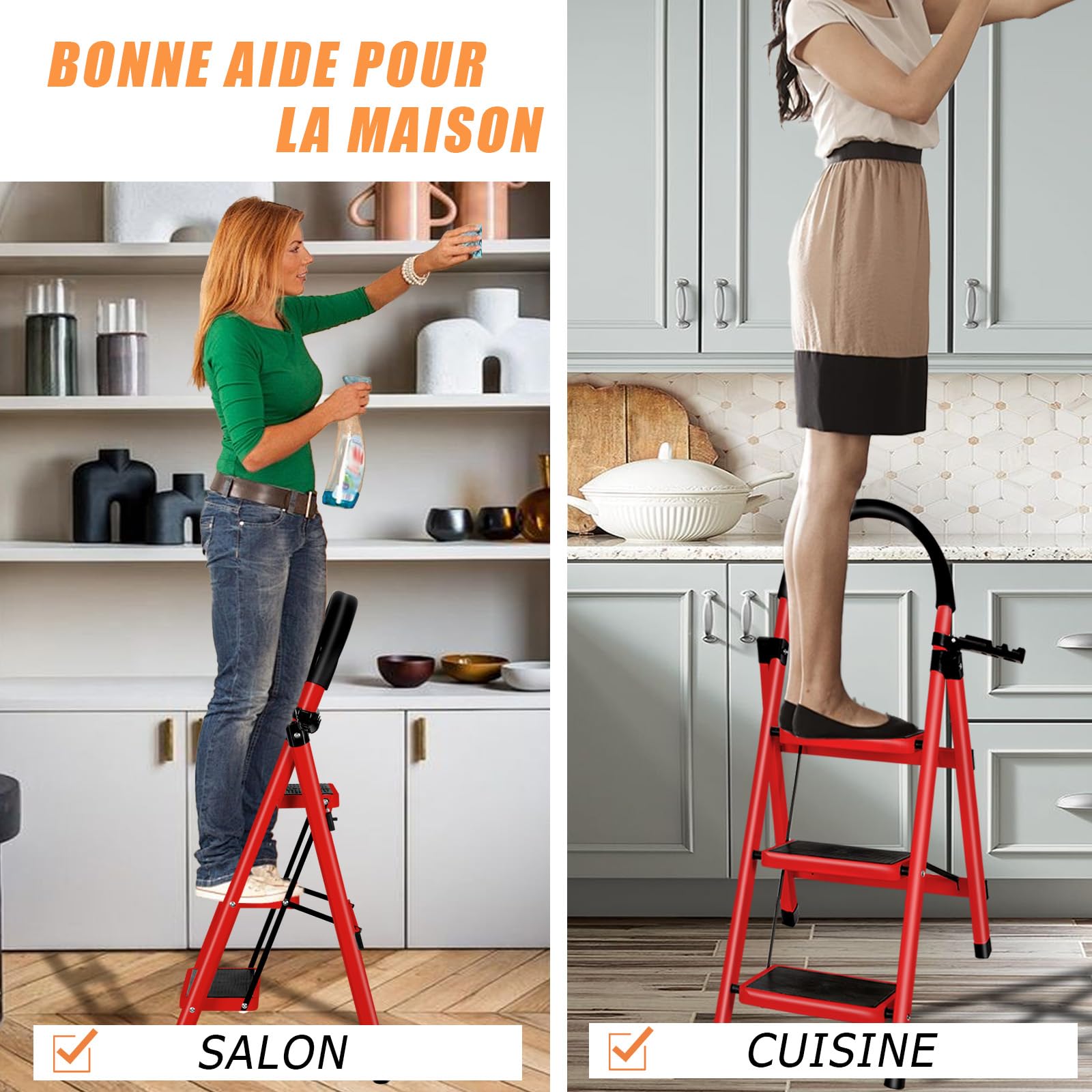 OHMG Escabeau en Acier 3 Marches Tabouret Marche Pied Pliant Echelle avec Pieds Anti Dérapant Max 150kg,Échelle Pliable avec Marches et Pieds Antidérapants,Charge 150 kg