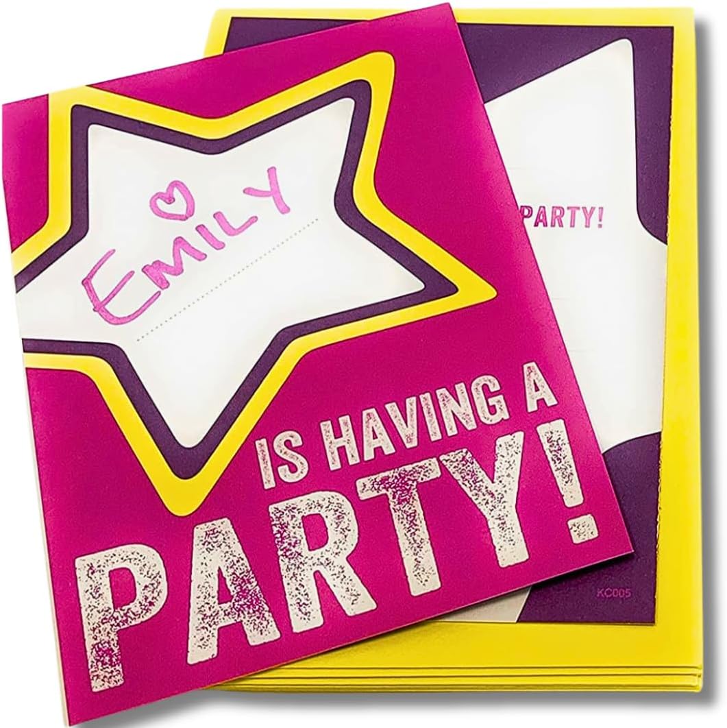 WRAPT 10 PINK KIDS BIRTHDAY INVITATIONS, Girls Party Invitations, Fill in the Name in the Star Birthday Party Invites Cards with Yellow Envelopes, 10 pack set