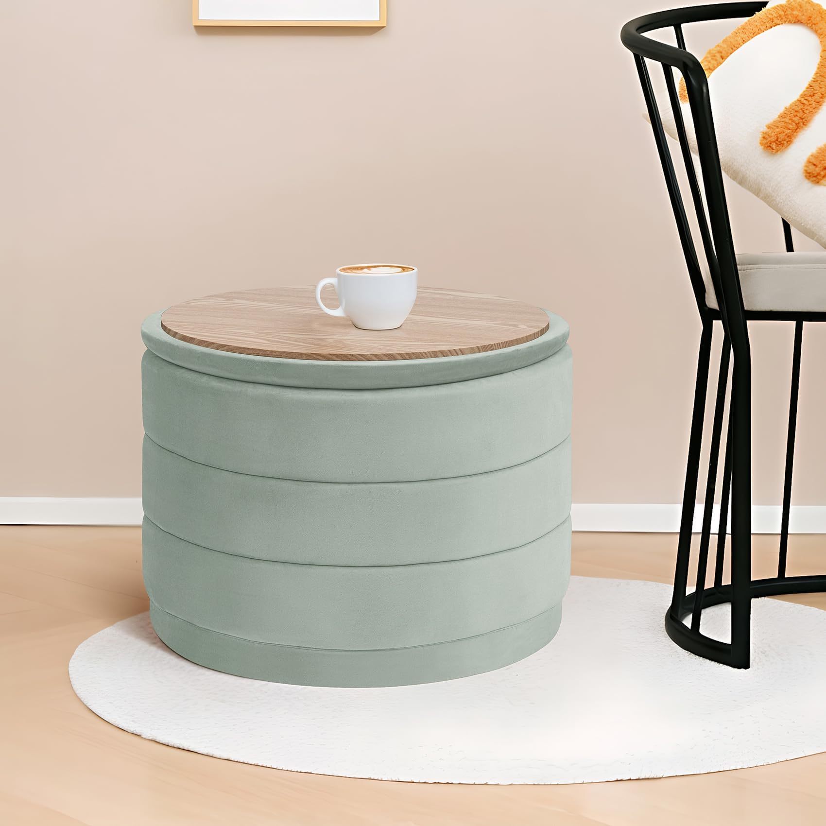Bonlife Otomana Redonda con Tapa, reposapiés Plegable con Mesa, reposapiés, reposapiés para salón, Dormitorio, Pasillo, Terciopelo Color Salvia, 58 x 58 x 44 cm