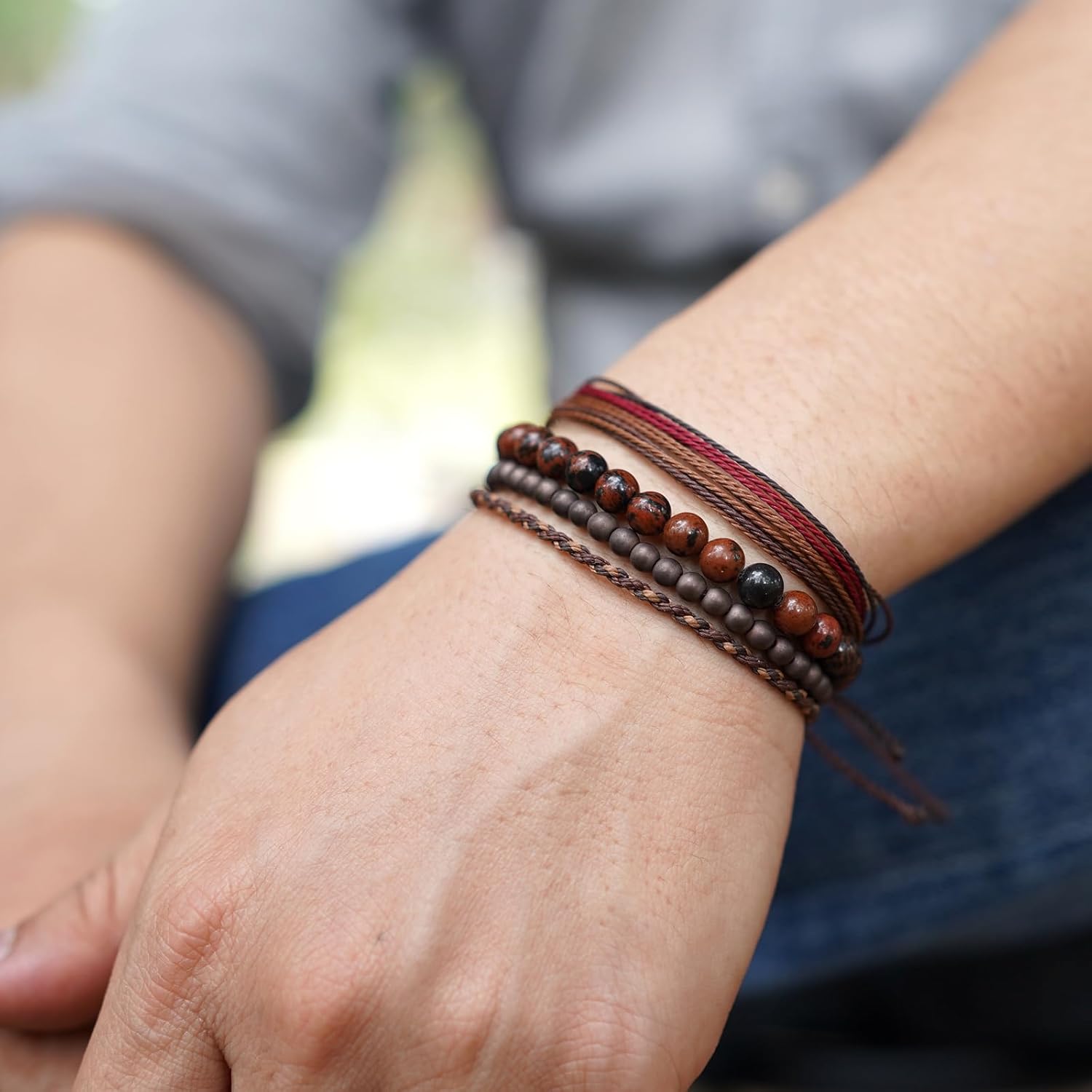 Handmade Natural Stone Beaded Healing Bracelet Gift for Men-Set of 4 Stackable Adjustable Waterproof String Rope Bracelets - Image 3