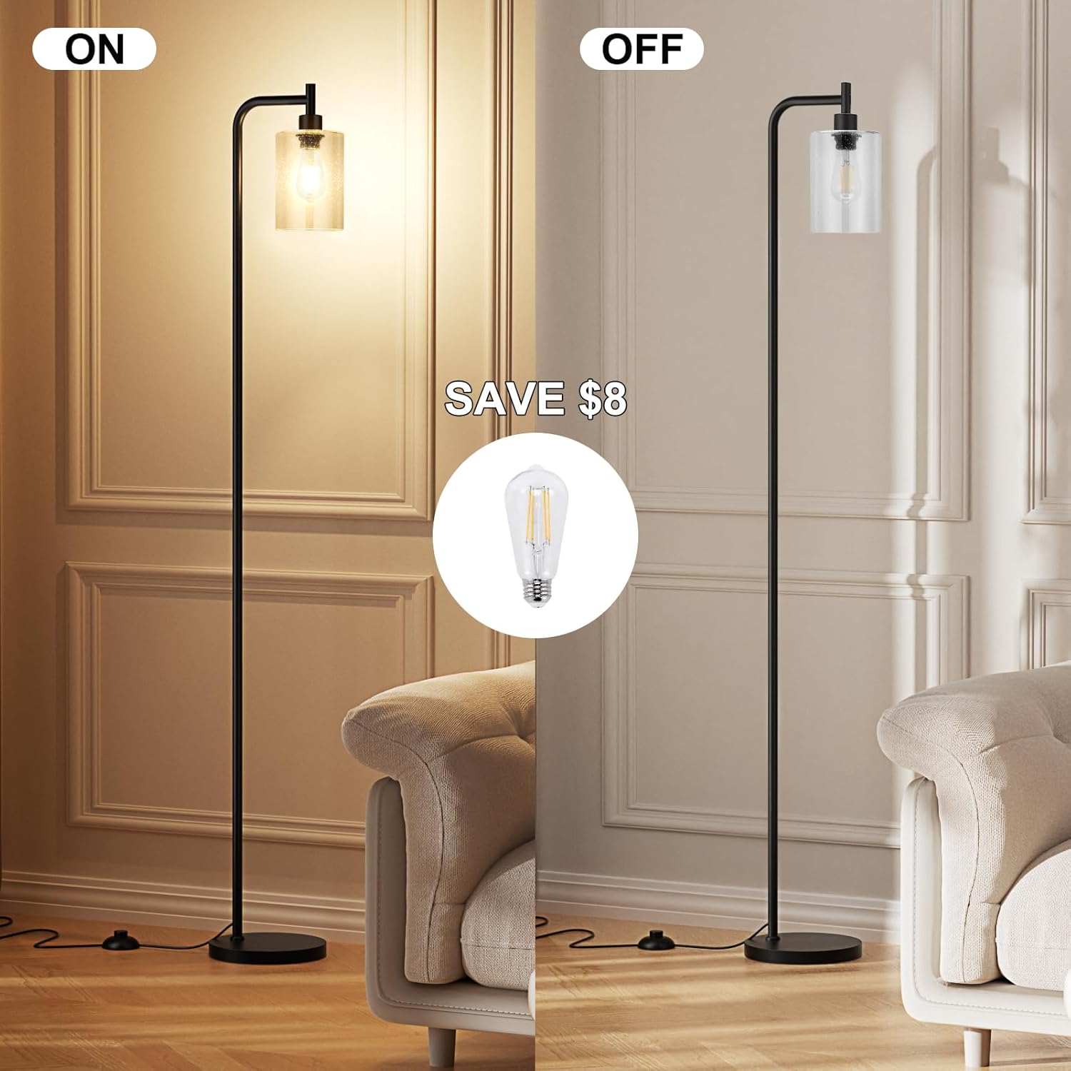 Ziisee Floor Lamps for Living Room - Standing Lamp with Seeded Glass Shade, Modern Floor Lamp with LED Bulbs, Industrial Floor Lamp for Bedroom, Black Tall Lamp for Office(Light Bulb Included)