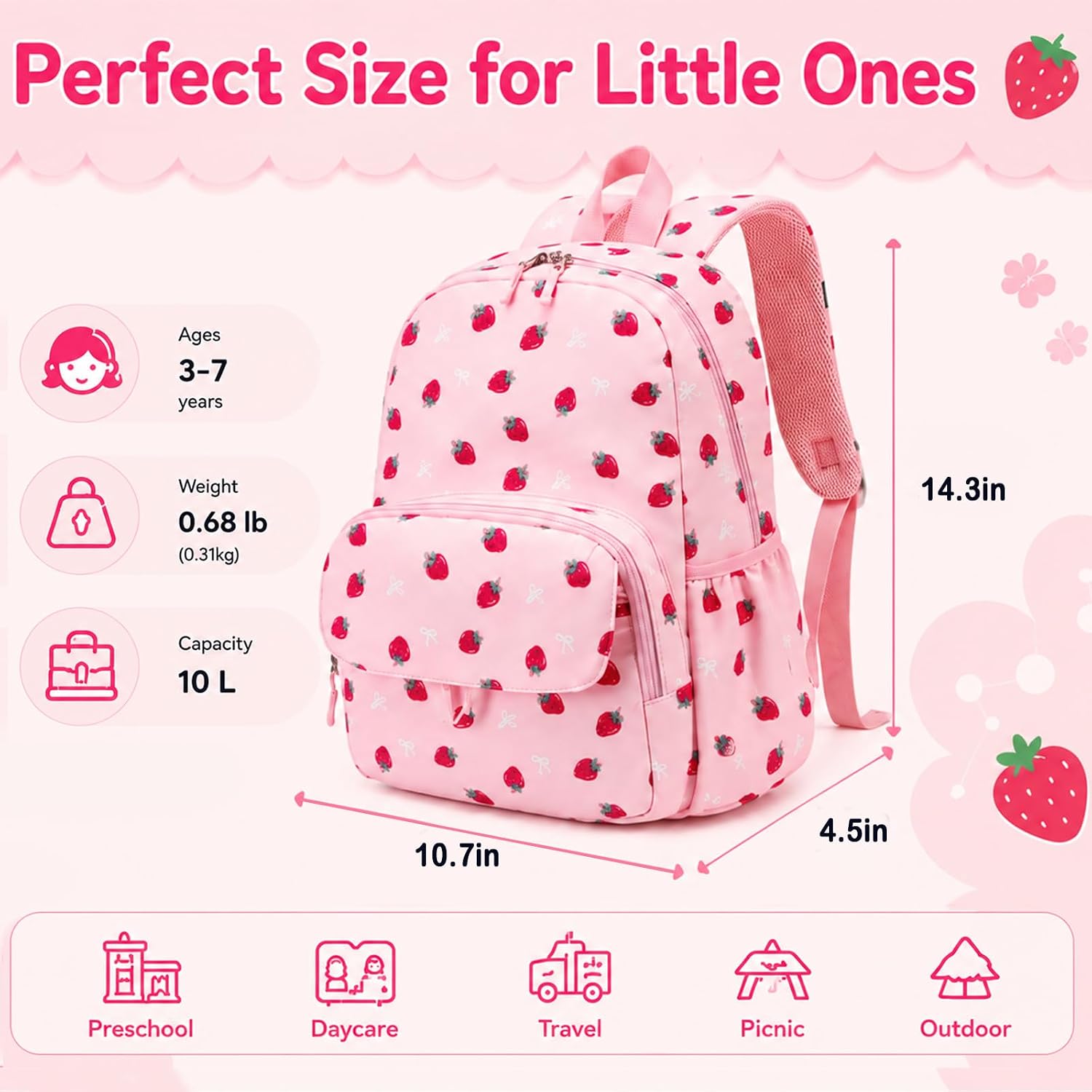BTOOP Kids Backpack, Girls Backpack 4-6-Preschool Kindergarten School Bookbag with Insulated Lunch Compartment & Chest Strap, Pink-Strawberry Backpacks