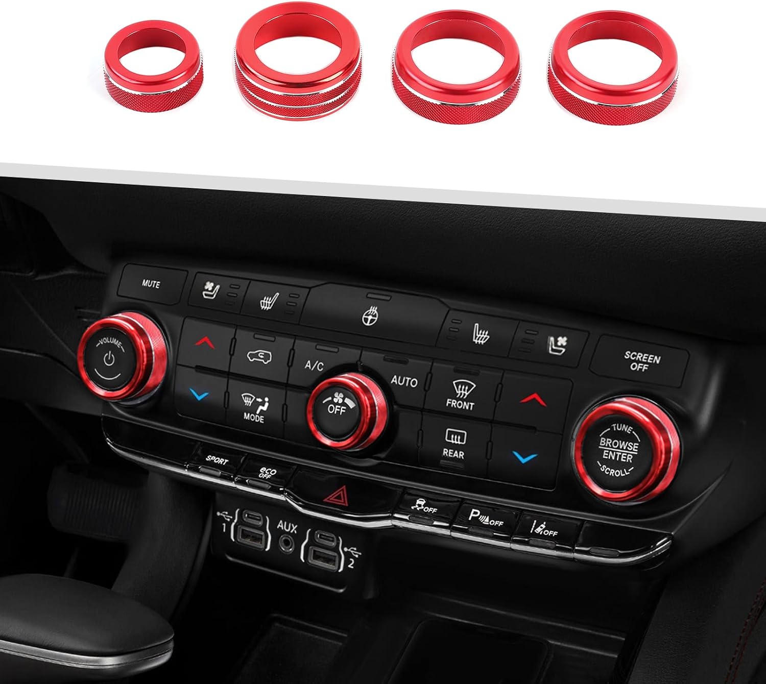 Jimen Fit for Dodge Durango 2021-2025, 4PCS Center Console Air Conditioning AC Knob Cover Volume Radio Ring Headlight Switch Button (Red)