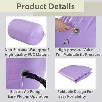 Inflatable Air Roller 60/75/90cm Air Barrel Gymnastics Mat Back Handspring Mat with Electric Air Pump for Home Use Training/Yoga/Water Gymnastics Tumbling Mat w/Purple/Pink/Blue