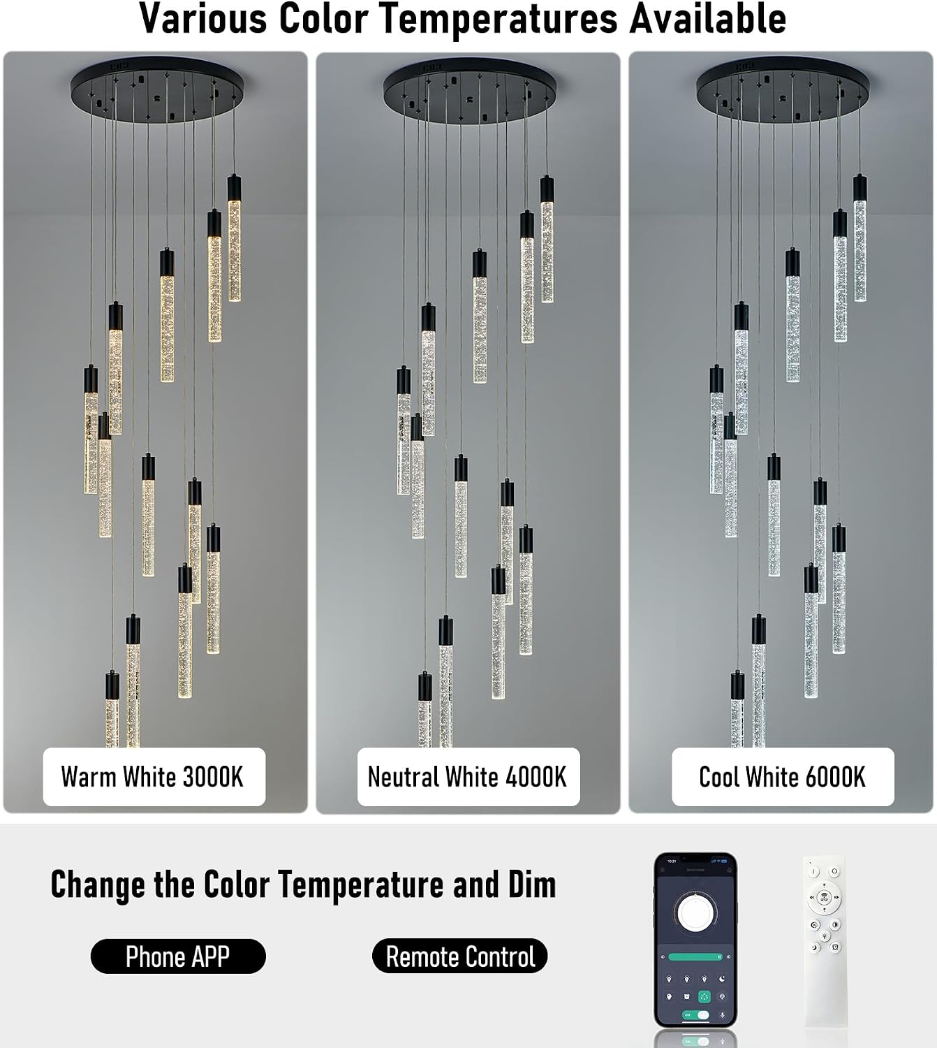 12 Lights 118 inch Modern Crystal Chandelier for High Ceiling Foyer Entryway Living Room, Flush Mount Ceiling Light Fixture Adjustable Height LED Dimmable Chandeliers Black Finish