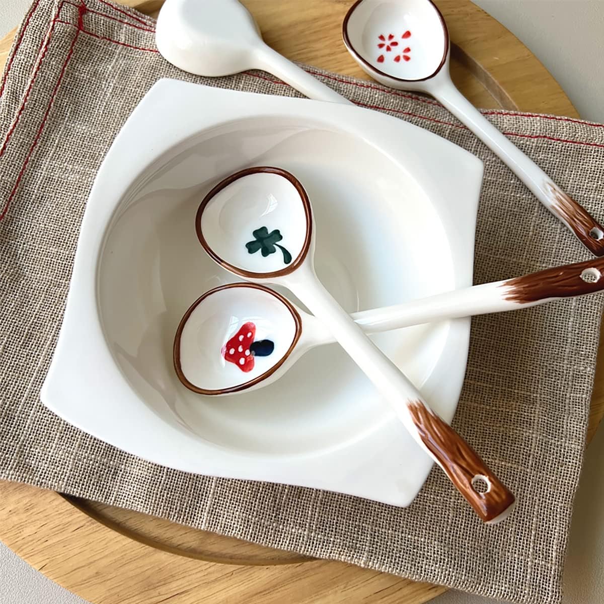 Vintage Ramen Soup Spoons, Ceramic Asian Soup Spoons Tablespoon, Rice Noodles Dinner Serving Spoon, Dessert Spoon, Ladles for Pho Miso Cereal Sauce Gravy Condiment, 4 PCS-Mushroom-6.6 Inch