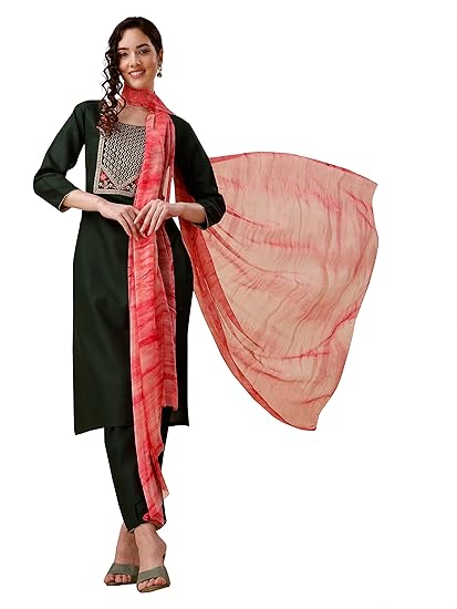 Women's Cotton Blend Embroidered Kurta Pant With Dupatta Set