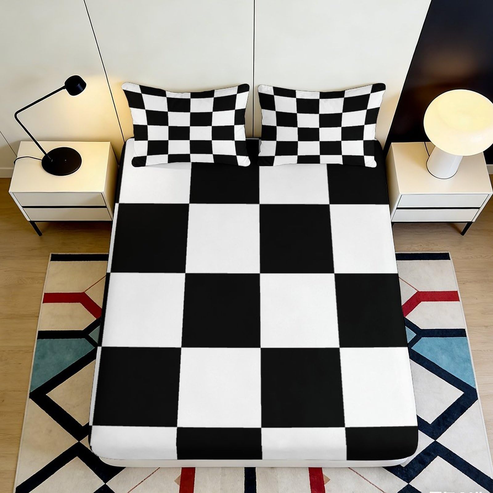 Jqzkxnhpbr Style-3 3D Printed Black White Checkerboard Fitted Sheet Microfiber Soft Anti-Slip Chessboard Bed Cover For Bedroom Guest Room Decor 90X200x25cm