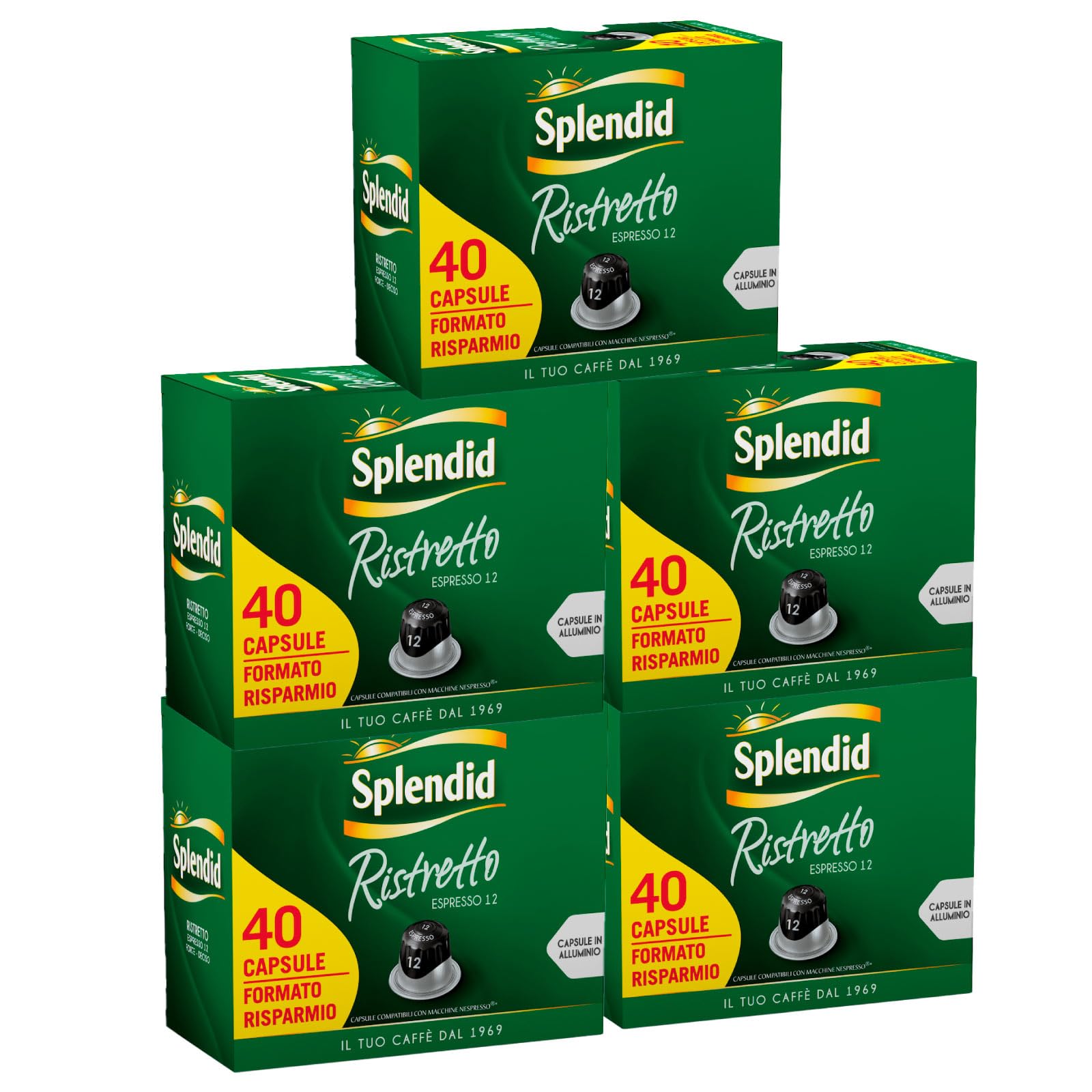 Splendid Café Espresso Ristretto Cápsulas Aluminio Intensidad 12 Granos Arabica y Robusto Aroma Decidido e Intenso Compatible con Máquinas Nespresso - 200 Cápsulas