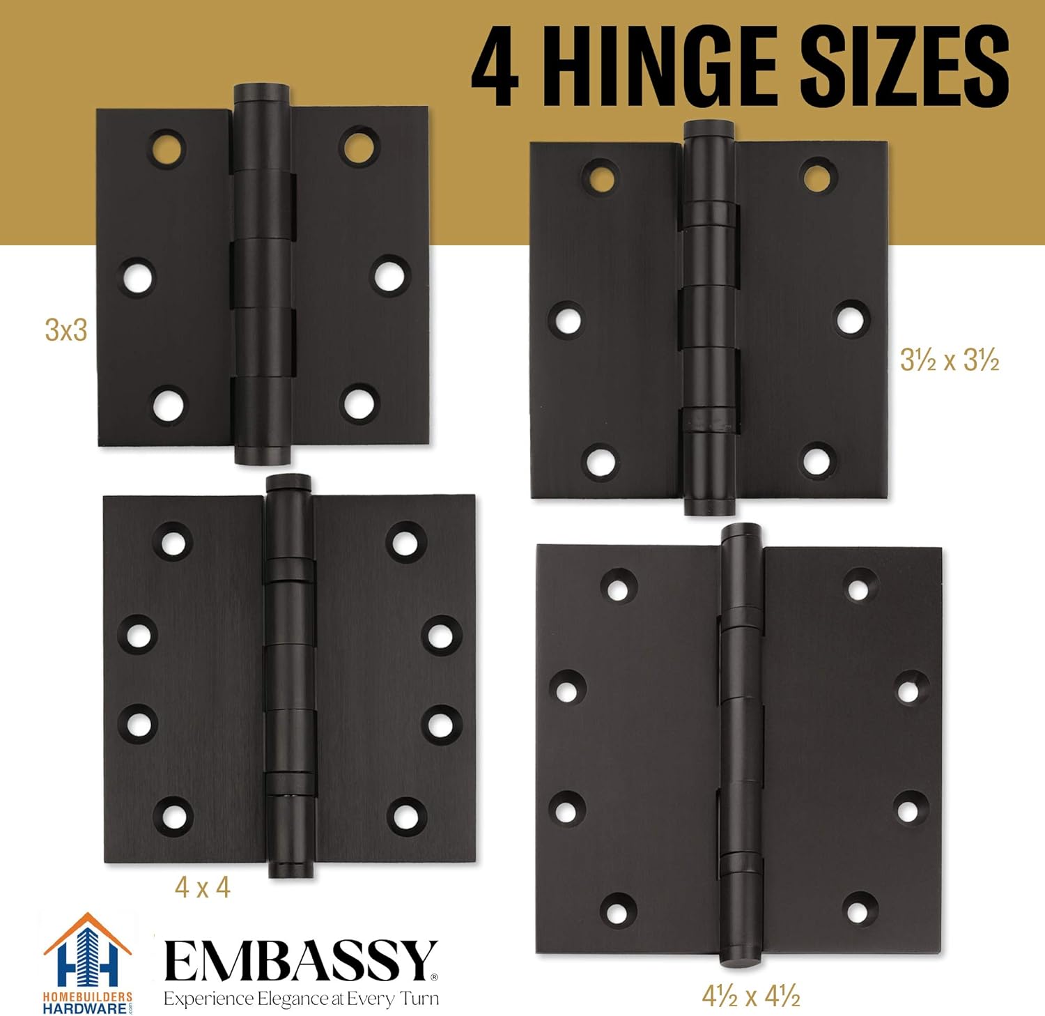 Embassy Door Hinge Solid Brass - 4 x 4 Inch, Heavy Duty, Oil Rubbed Bronze, Ball Bearings, Rust Resistant Pin, Architectural Designer Grade, Home Improvement, 2 Pack