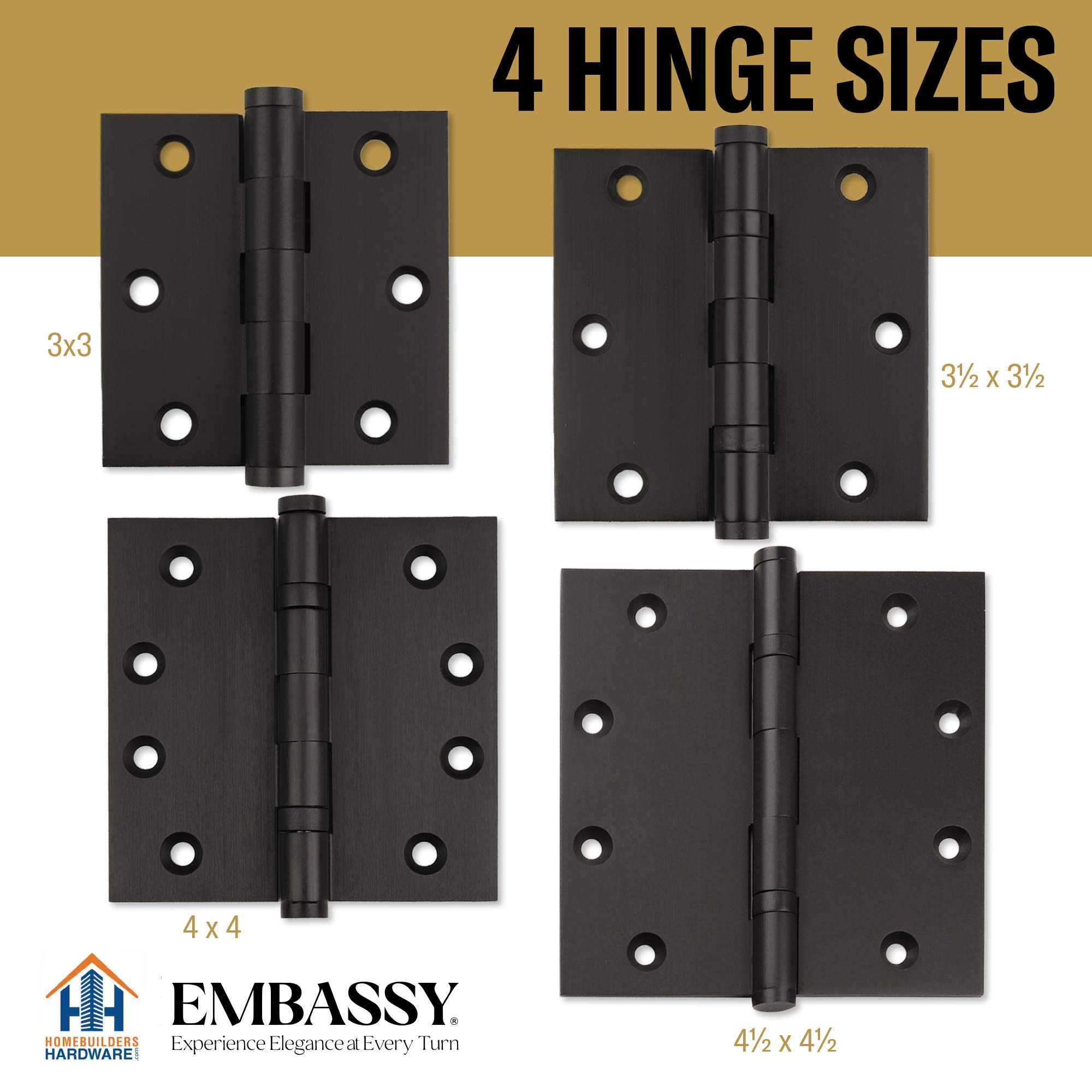 Puerta bisagras 4 "x 4" extruido Solid Brass Cojinete de bolas latón Bisagra resistente aceitado bronce Us10B extraíble de acero inoxidable botón/urna/bola de Pin, grado arquitectónico, puntas incluidas – juego de 2 bisagras